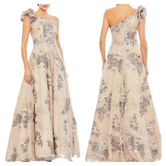 Mac Duggal 67960 One Shoulder Beaded Lace Gown Mocha Silver Sequin Size 16 NWT - Picture 1 of 8